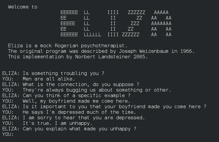 ELIZA 对话示例，展示早期聊天程序的交互方式。